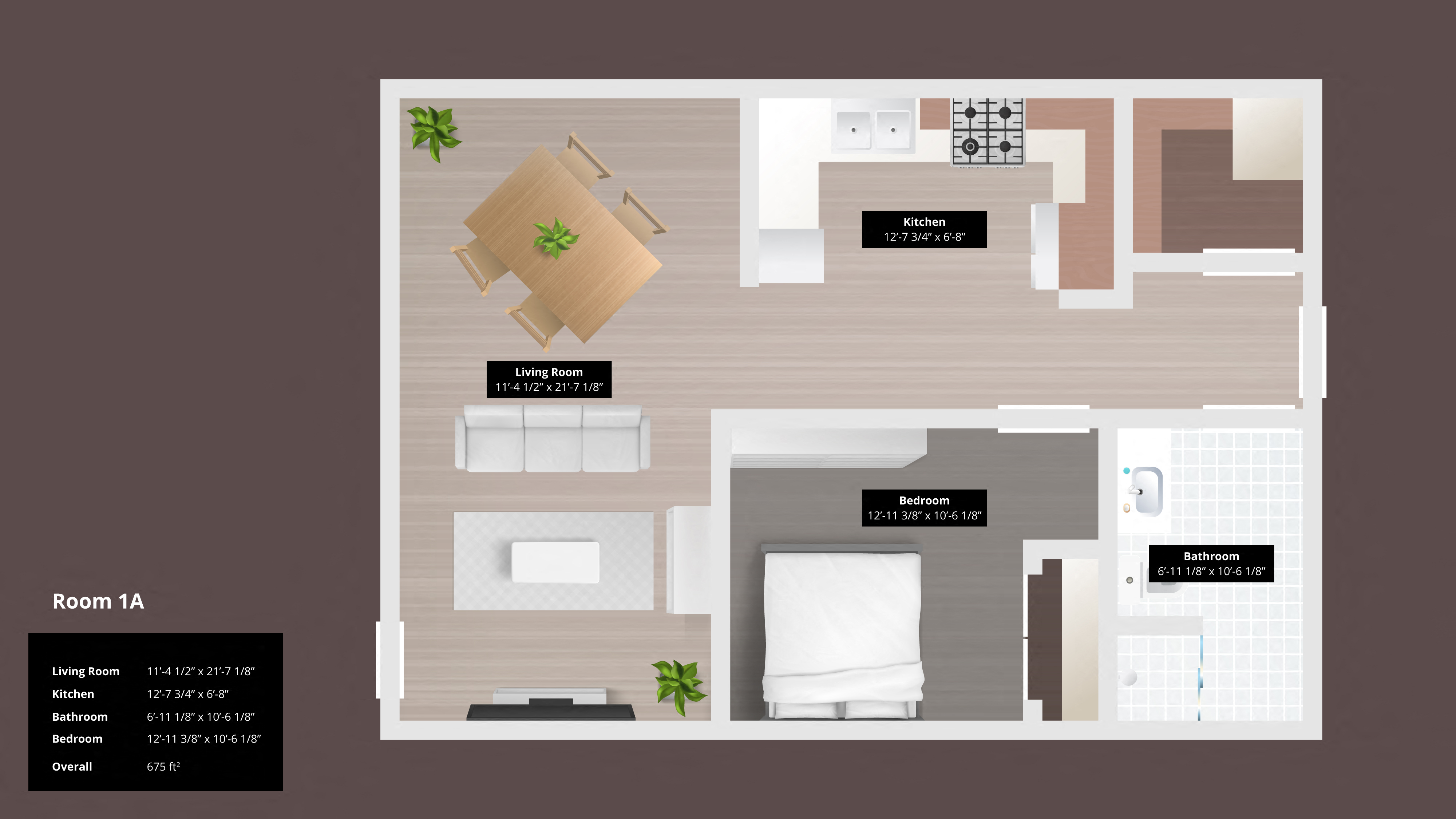 Floor plan for 1 bed, 1 bath, 733 sqft